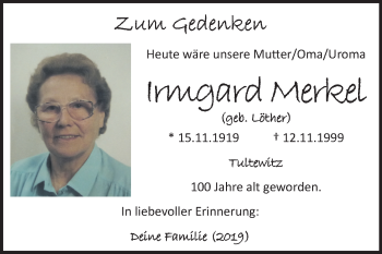 Traueranzeige von Irmgard Merkel von Mitteldeutsche Zeitung Naumburg/Nebra