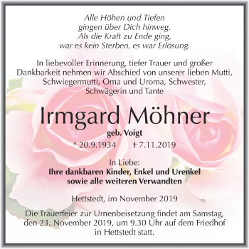 Traueranzeige von Irmgard Möhner von Super Sonntag Mansfelder Land
