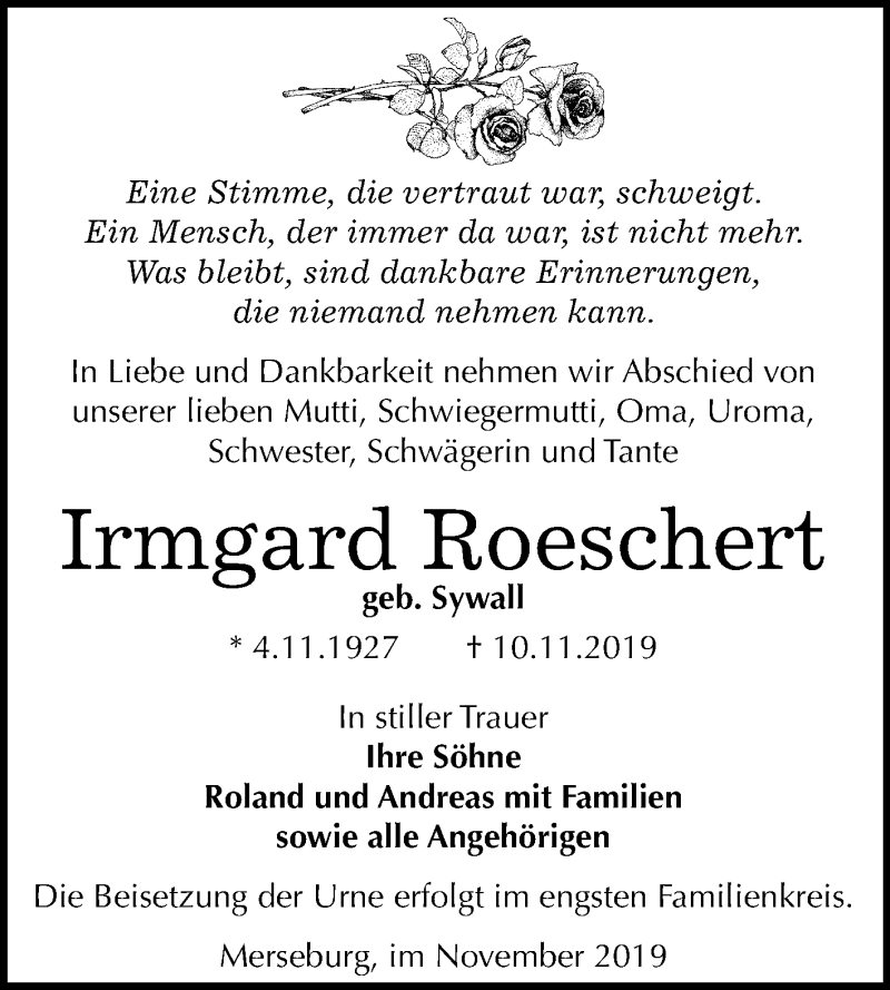  Traueranzeige für Irmgard Roeschert vom 16.11.2019 aus Super Sonntag Merseburg/Querfurt