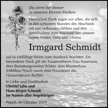 Traueranzeige von Irmgard Schmidt von Wochenspiegel Bitterfeld