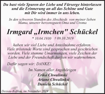 Traueranzeige von Irmgard Schückel von Super Sonntag Dessau-Roßlau