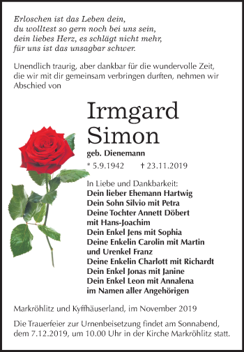 Traueranzeige von Irmgard Simon von Mitteldeutsche Zeitung Weißenfels