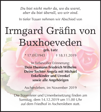 Traueranzeige von Irmgard Gräfin von Buxhoeveden von Super Sonntag Aschersleben