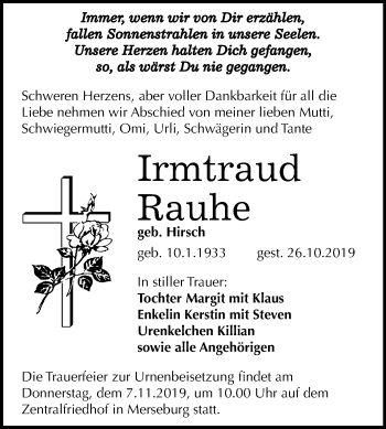 Traueranzeige von Irmmtraud Rauhe von Mitteldeutsche Zeitung Merseburg/Querfurt