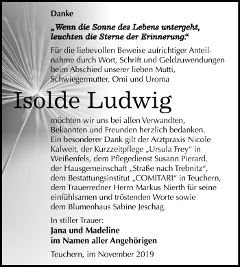 Traueranzeige von Isolde Ludwig von Mitteldeutsche Zeitung Weißenfels