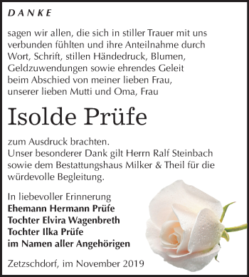 Traueranzeige von Isolde Prüfe von Mitteldeutsche Zeitung Zeitz