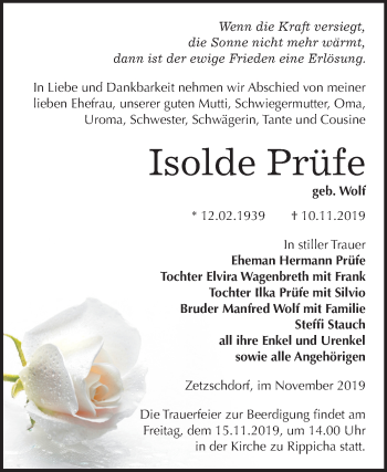 Traueranzeige von Isolde Prüfe von Mitteldeutsche Zeitung Zeitz