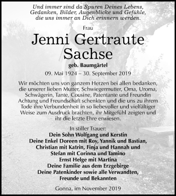 Traueranzeige von Jenni Gertraute Sachse von Mitteldeutsche Zeitung Sangerhausen