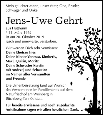 Traueranzeige von Jens-Uwe Gehrt von Super Sonntag Köthen
