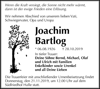Traueranzeige von Joachim Bartlog von Mitteldeutsche Zeitung Halle/Saalkreis