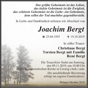 Traueranzeige von Joachim Bergt von Mitteldeutsche Zeitung Wittenberg