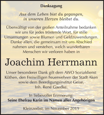 Traueranzeige von Joachim Herrmann von Super Sonntag Köthen