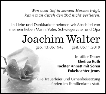 Traueranzeige von Joachim Walter von Super Sonntag Wittenberg