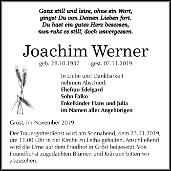 Traueranzeige von Joachim Werner von Super Sonntag Merseburg/Querfurt