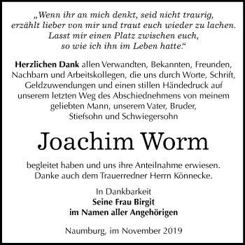 Traueranzeige von Joachim Worm von Wochenspiegel Naumburg/Nebra
