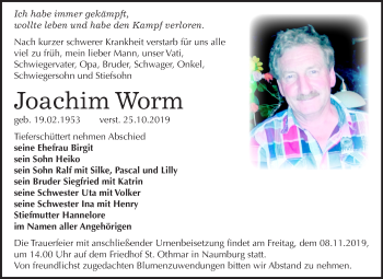 Traueranzeige von Joachim Worm von Wochenspiegel Naumburg/Nebra
