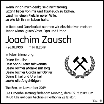 Traueranzeige von Joachim Zausch von Super Sonntag Zeitz