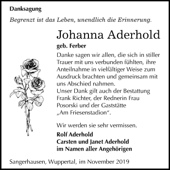 Traueranzeige von Johanna Aderhold von Super Sonntag Sangerhausen