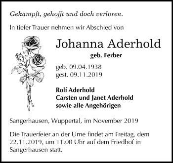 Traueranzeige von Johanna Aderhold von Super Sonntag Sangerhausen
