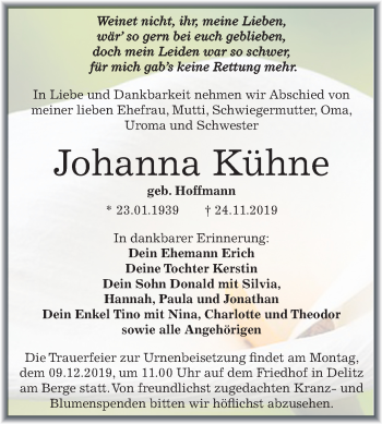 Traueranzeige von Johanna Kühne von Mitteldeutsche Zeitung Merseburg/Querfurt