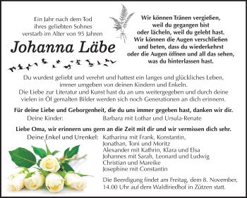 Traueranzeige von Johanna Läbe von Mitteldeutsche Zeitung Wittenberg