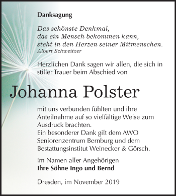 Traueranzeige von Johanna Polster von Mitteldeutsche Zeitung Bernburg