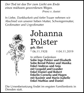 Traueranzeige von Johanna Polster von Mitteldeutsche Zeitung Bernburg