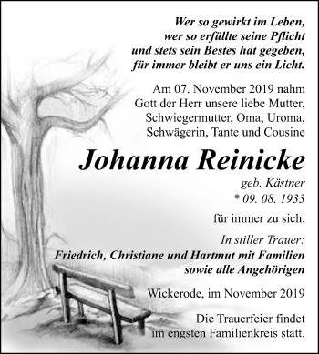 Traueranzeige von Johanna Reinicke von Super Sonntag Sangerhausen