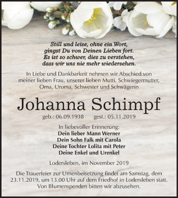 Traueranzeige von Johanna Schimpf von Wochenspiegel Merseburg/Querfurt