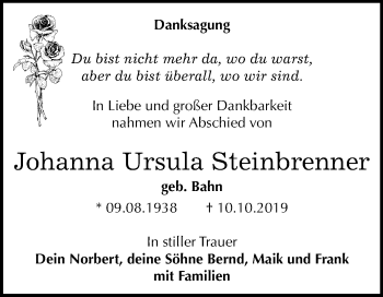 Traueranzeige von Johanna Ursula Steinbrenner von Super Sonntag Wittenberg