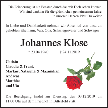 Traueranzeige von Johannes Klose von Mitteldeutsche Zeitung Bitterfeld