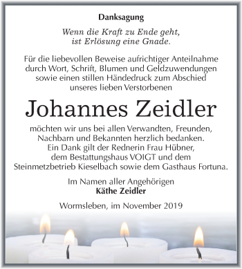 Traueranzeige von Johannes Zeidler von Mitteldeutsche Zeitung Mansfelder Land