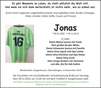 Traueranzeige von Jonas  von Mitteldeutsche Zeitung Sangerhausen