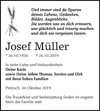 Traueranzeige von Josef Müller von Mitteldeutsche Zeitung Wittenberg
