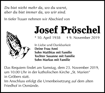 Traueranzeige von Josef Pröschel von Mitteldeutsche Zeitung Halle/Saalkreis