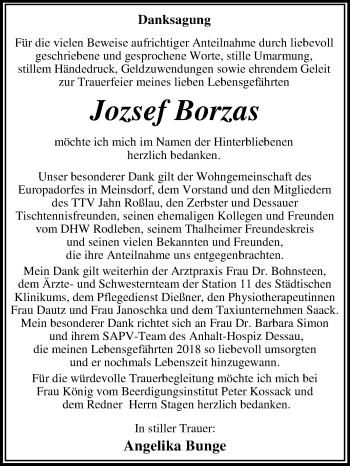 Traueranzeige von Jozsef Borzas von Mitteldeutsche Zeitung Dessau-Roßlau