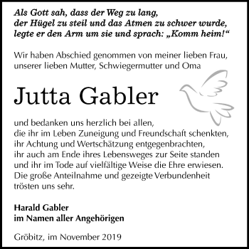 Traueranzeige von Jutta Gabler von Mitteldeutsche Zeitung Weißenfels
