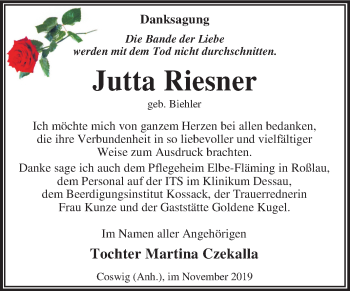 Traueranzeige von Jutta Riesner von Super Sonntag Wittenberg
