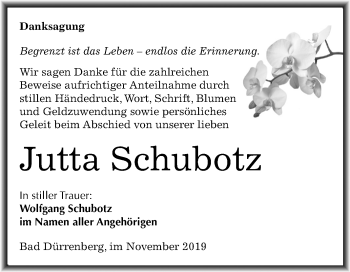 Traueranzeige von Jutta Schubotz von Mitteldeutsche Zeitung Merseburg/Querfurt
