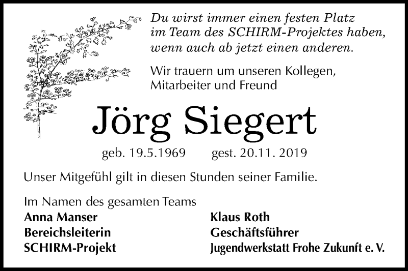  Traueranzeige für Jörg Siegert vom 30.11.2019 aus Mitteldeutsche Zeitung Halle/Saalkreis