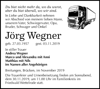 Traueranzeige von Jörg Wegner von Super Sonntag Sangerhausen
