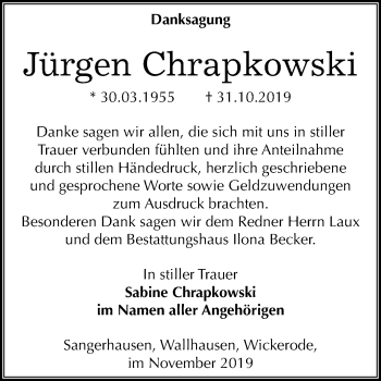 Traueranzeige von Jürgen Chrapkowski von Super Sonntag Sangerhausen