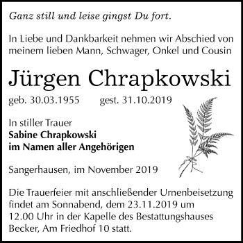 Traueranzeige von Jürgen Chrapkowski von Mitteldeutsche Zeitung Sangerhausen