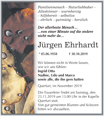Traueranzeige von Jürgen Ehrhardt von Super Sonntag Merseburg/Querfurt