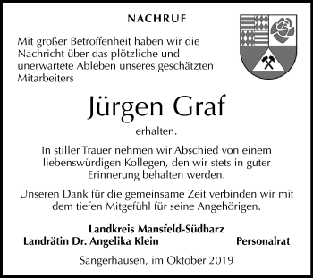 Traueranzeige von Jürgen Graf von Mitteldeutsche Zeitung Mansfelder Land / Sangerhausen