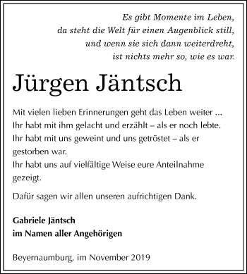 Traueranzeige von Jürgen Jäntsch von Mitteldeutsche Zeitung Sangerhausen