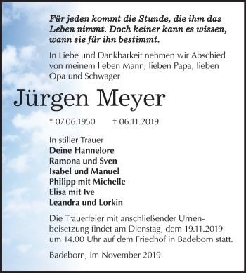Traueranzeige von Jürgen Meyer von Super Sonntag Quedlinburg