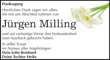 Traueranzeige von Jürgen Milling von Super Sonntag Wittenberg