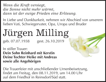 Traueranzeige von Jürgen Milling von Mitteldeutsche Zeitung Wittenberg