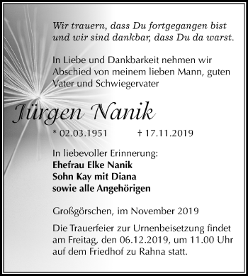 Traueranzeige von Jürgen Nanik von Wochenspiegel Weißenfels